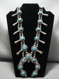 Rare Basalt Turquoise Vintage Navajo Native American Jewelry Silver Squash Blossom Necklace Old-Nativo Arts