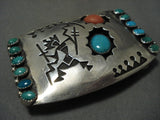 Rare 'Dancing Kachina' Vintage Hopi/ Navajo Coral Turquoise Native American Jewelry Silver Buckle-Nativo Arts