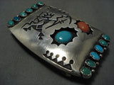 Rare 'Dancing Kachina' Vintage Hopi/ Navajo Coral Turquoise Native American Jewelry Silver Buckle-Nativo Arts