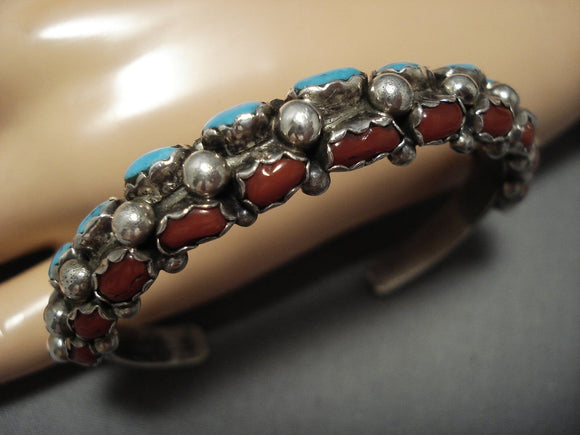Rare Double Sided Turquoise Coral Sterling Silver Vintage Native American Jewelry Navajo Bracelet Old-Nativo Arts