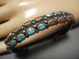 Rare Duel Sided Turquoise Coral Vintage Native American Jewelry Navajo Sterling Silver Bracelet Cuff Old-Nativo Arts