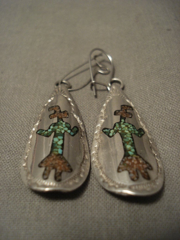 Rare Early Hallmark Vintage Navajo Thomas Singer Yei Turquoise Native American Jewelry Silver Earrings-Nativo Arts