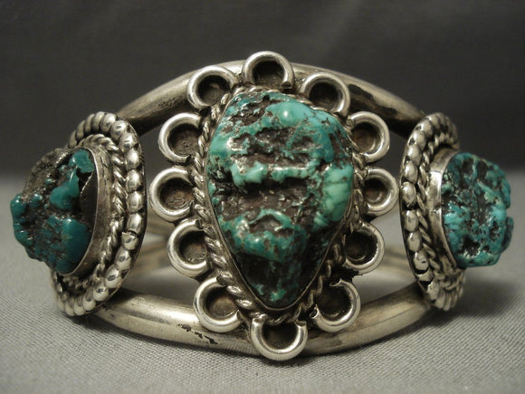 Rare Green Old Kingman Turquoise Vintage Navajo Sterling Native American Jewelry Silver Bracelet-Nativo Arts