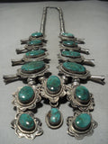Rare Green Turquoise Vintage Navajo Squash Blossom Native American Jewelry Silver Necklace-Nativo Arts