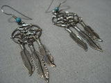 Rare Huge Vintage Native American Jewelry Navajo Dreamcatcher Sterling Silver Turquoise Earrings-Nativo Arts
