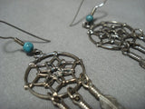 Rare Huge Vintage Native American Jewelry Navajo Dreamcatcher Sterling Silver Turquoise Earrings-Nativo Arts