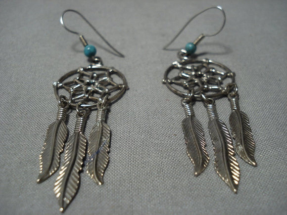 Rare Huge Vintage Native American Jewelry Navajo Dreamcatcher Sterling Silver Turquoise Earrings-Nativo Arts