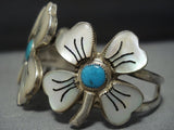 Rare Huge Vintage Native American Jewelry Navajo Flower Pedal Turquoise Sterling Silver Bracelet-Nativo Arts