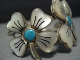 Rare Huge Vintage Native American Jewelry Navajo Flower Pedal Turquoise Sterling Silver Bracelet-Nativo Arts