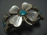 Rare Huge Vintage Native American Jewelry Navajo Flower Pedal Turquoise Sterling Silver Bracelet-Nativo Arts