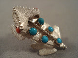 Rare Important Navajo Benny Yazzie Turquoise Coral Native American Jewelry Silver Toad Pin-Nativo Arts