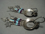 Rare Intricate Vintage Navajo Sheriff Star Turquoise Sugulite Native American Jewelry Silver Earrings-Nativo Arts