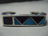 Rare Modernist Vintage Native American Jewelry Navajo Turquoise Sugulite Thick Sterling Silver Bracelet-Nativo Arts