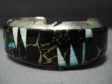 Rare!! Navajo Native American Jewelry jewelry Inlay Black Stone Opal Sterling Silver Bracelet-Nativo Arts