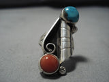 Rare Tubule Vintage Native American Navajo Sterling Silver Turquoise Coral Ring Old-Nativo Arts