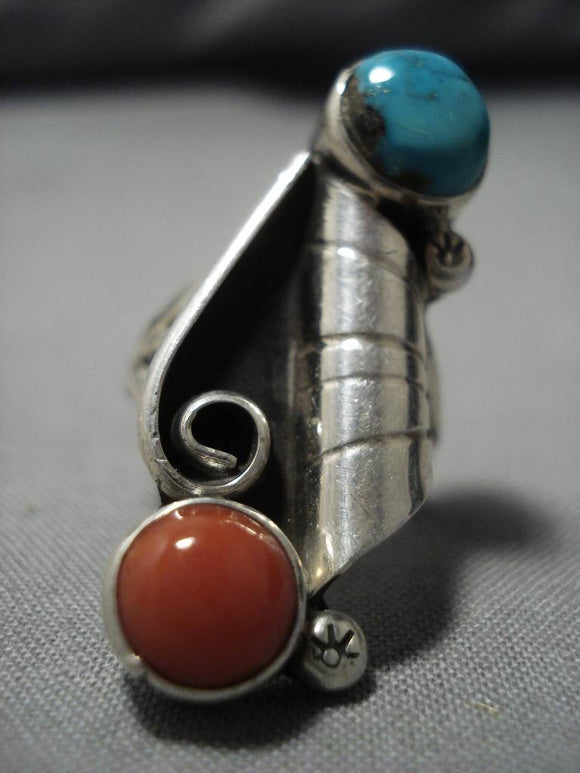 Rare Tubule Vintage Native American Navajo Sterling Silver Turquoise Coral Ring Old-Nativo Arts