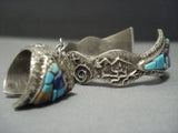 Rare Tufa Casted Sterling Native American Jewelry Silver Turquoise Inlay Navajo Slave Bracelet Set-Nativo Arts