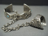 Rare Tufa Casted Sterling Native American Jewelry Silver Turquoise Inlay Navajo Slave Bracelet Set-Nativo Arts