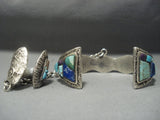 Rare Tufa Casted Sterling Native American Jewelry Silver Turquoise Inlay Navajo Slave Bracelet Set-Nativo Arts