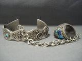 Rare Tufa Casted Sterling Native American Jewelry Silver Turquoise Inlay Navajo Slave Bracelet Set-Nativo Arts