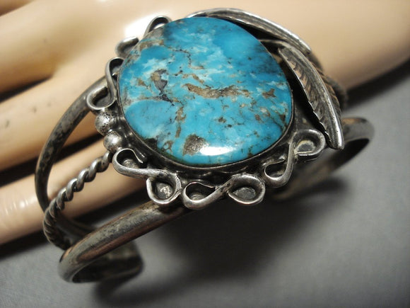 Rare Turquoise!! Vintage Native American Jewelry Navajo Blue Wind Sterling Silver Bracelet-Nativo Arts