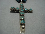 Rare!! Vintage Native American Jewelry Navajo Green Turquoise Heishi Sterling Silver Cross Necklace-Nativo Arts