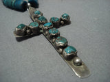 Rare!! Vintage Native American Jewelry Navajo Green Turquoise Heishi Sterling Silver Cross Necklace-Nativo Arts