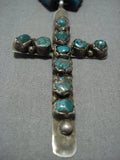 Rare!! Vintage Native American Jewelry Navajo Green Turquoise Heishi Sterling Silver Cross Necklace-Nativo Arts