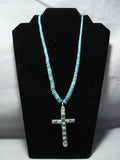 Rare!! Vintage Native American Jewelry Navajo Green Turquoise Heishi Sterling Silver Cross Necklace-Nativo Arts