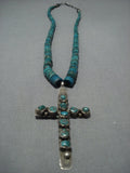 Rare!! Vintage Native American Jewelry Navajo Green Turquoise Heishi Sterling Silver Cross Necklace-Nativo Arts
