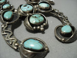 Rare!! Vintage Native American Jewelry Navajo Green Turquoise Sterling Silver Squash Blossom Necklace-Nativo Arts
