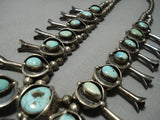 Rare!! Vintage Native American Jewelry Navajo Green Turquoise Sterling Silver Squash Blossom Necklace-Nativo Arts