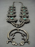 Rare Vintage Native American Jewelry Navajo Green Turquoise Sterling Silver Squash Blossom Necklace-Nativo Arts