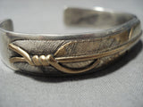 Rare Vintage Native American Jewelry Navajo Real Gold Feather Sterling Silver Bracelet Cuff Old-Nativo Arts