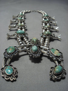 Rare Vintage Native American Jewelry Navajo Royston Turquoise Sterling Silver Squash Blossom Necklace-Nativo Arts
