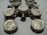 Rare!! Vintage Native American Jewelry Navajo Sterling Silver Dime Squash Blossom Necklace Old Jewelry-Nativo Arts