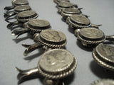 Rare!! Vintage Native American Jewelry Navajo Sterling Silver Dime Squash Blossom Necklace Old Jewelry-Nativo Arts