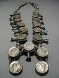 Rare!! Vintage Native American Jewelry Navajo Sterling Silver Dime Squash Blossom Necklace Old Jewelry-Nativo Arts