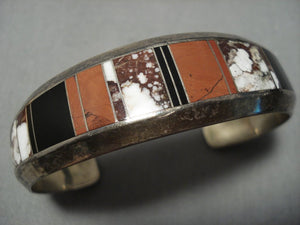 Rare Vintage Native American Jewelry Navajo Sterling Silver Thicker Inlay Cool Hallmark Bracelet-Nativo Arts