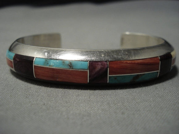 Rare Vintage Native American Jewelry Navajo Turquoise Spiny Oyster Sterling Silver Cuff Inlay Bracelet-Nativo Arts