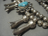 Rare Vintage Native American Navajo Carico Lke Turquoise Sterling Silver Squash Blossom Necklace-Nativo Arts