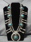 Rare Vintage Native American Navajo Carico Lke Turquoise Sterling Silver Squash Blossom Necklace-Nativo Arts