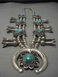 Rare Vintage Native American Navajo Carico Lke Turquoise Sterling Silver Squash Blossom Necklace-Nativo Arts