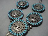 Rare Vintage Native American Navajo Sterling Silver Turquoise Kachina Squash Blossom Necklace-Nativo Arts