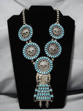 Rare Vintage Native American Navajo Sterling Silver Turquoise Kachina Squash Blossom Necklace-Nativo Arts