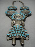 Rare Vintage Native American Navajo Sterling Silver Turquoise Kachina Squash Blossom Necklace-Nativo Arts