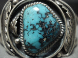 Rare Vintage Navajo Blue Diamond Or Crow Spings Turquoise Native American Jewelry Silver Leaf Bracelet-Nativo Arts