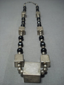 Rare Vintage Navajo Cubed Sterling Native American Jewelry Silver Jet Necklace Old Pawn-Nativo Arts