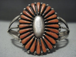 Rare Vintage Navajo 'Long Teardrop Coral' Sterling Native American Jewelry Silver Bracelet-Nativo Arts