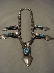 Rare Vintage Navajo Turquoise Native American Jewelry Silver Flower Leaf Segmented Native American Jewelry Silver Necklace-Nativo Arts